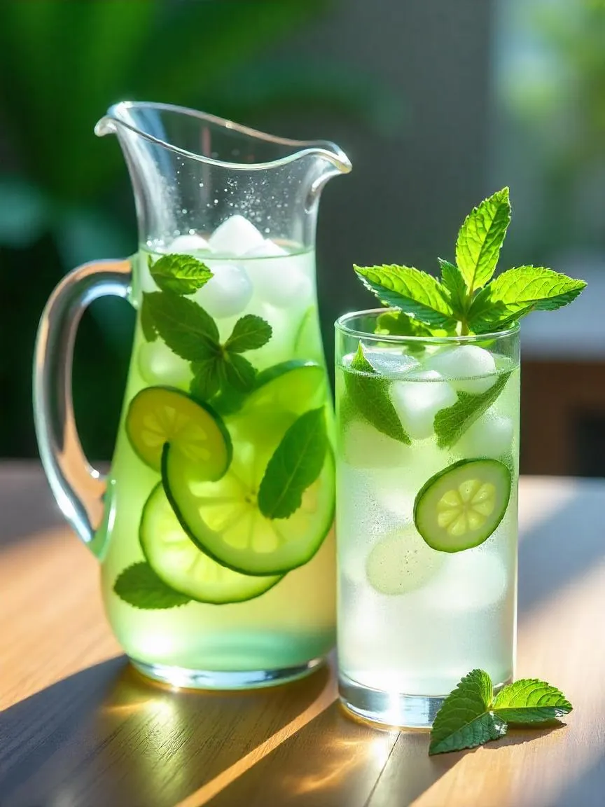 A glass pitcher filled with sliced cucumber, fresh mint, basil leaves, and ice-cold water on a white table, creating a refreshing, spa-inspired detox drink with a clean, calming vibe.