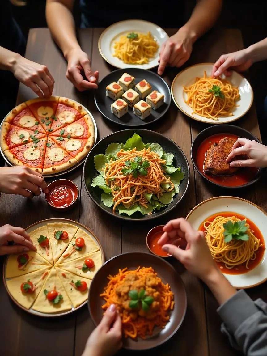 Global dishes like pizza, sushi, and tacos shared around a multicultural dining table.