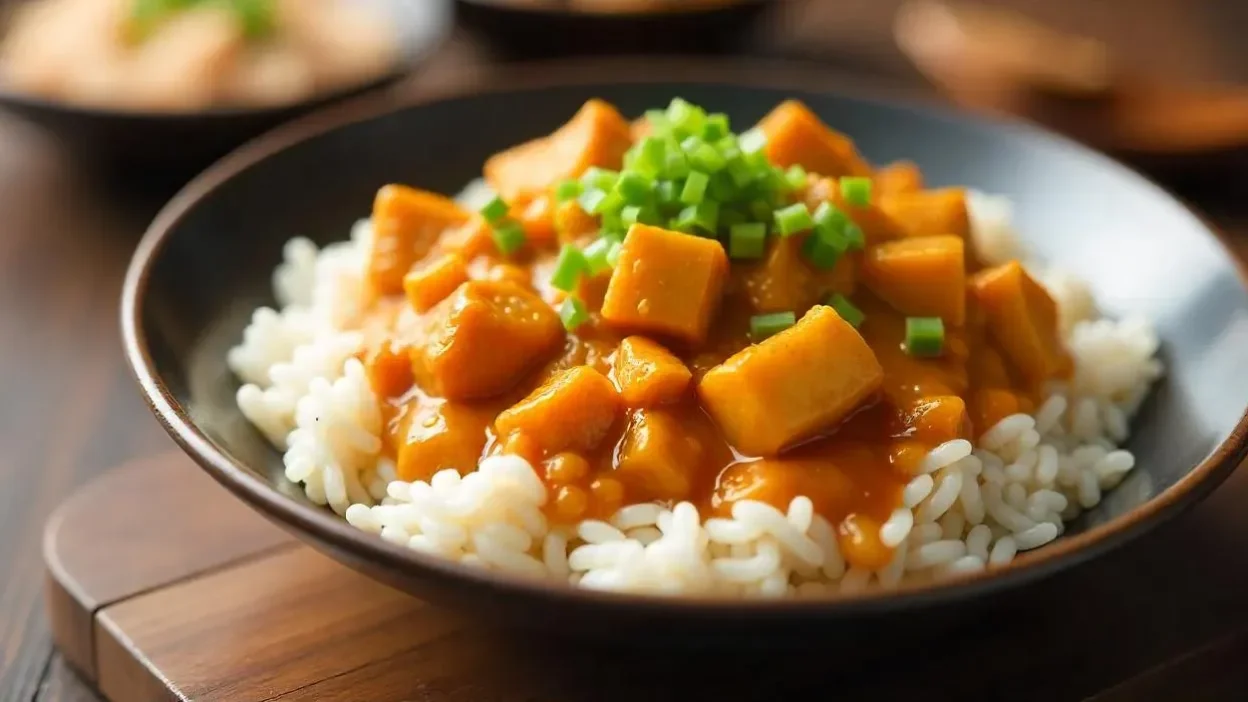 A steaming plate of Japanese curry rice with tender meat, carrots, and potatoes served over fluffy white rice.