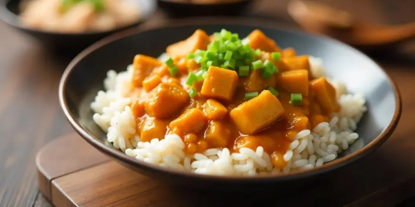 A steaming plate of Japanese curry rice with tender meat, carrots, and potatoes served over fluffy white rice.