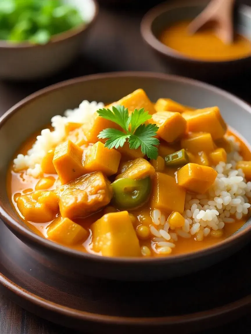 Close-up of a rich and thick Japanese curry sauce poured over a bed of steamed rice with vegetables and meat.