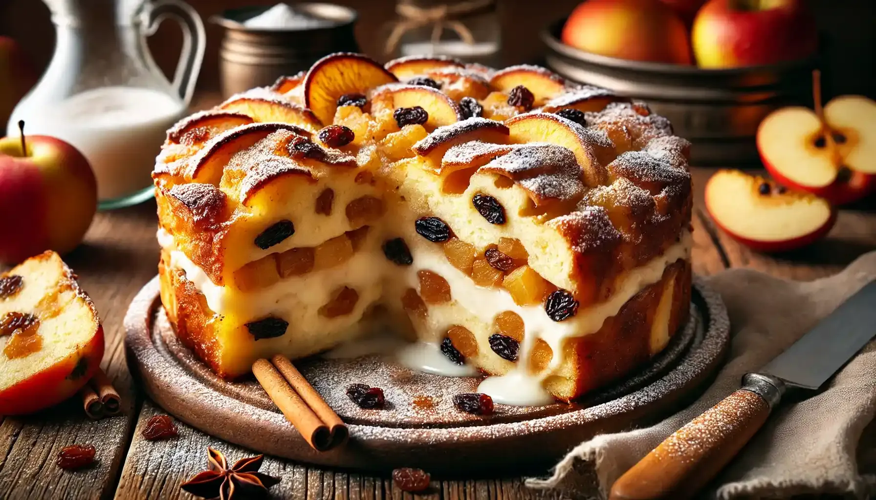 Traditional raisin and apple bread pudding with a golden-brown crust. BookOfFoods