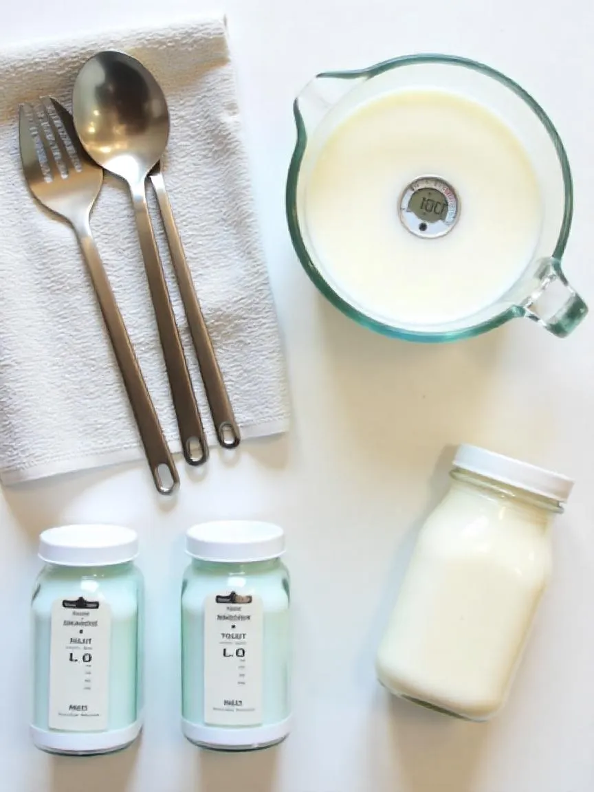 Clean dairy-making tools, thermometer in milk, labeled containers, and yogurt stored in fridge for safe homemade cheese and yogurt preparation