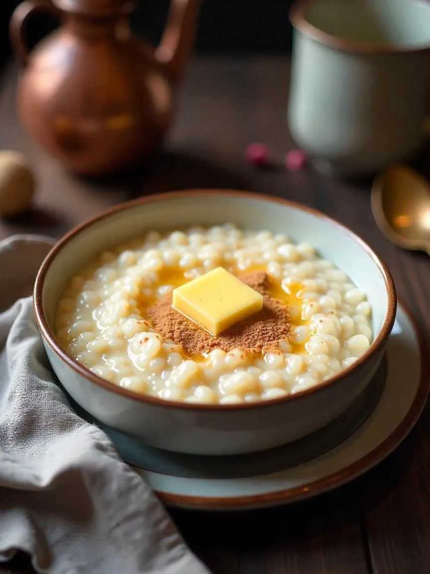 Cozy winter scene with a steaming bowl of risengrød, a spoon, and holiday napkins beside it.