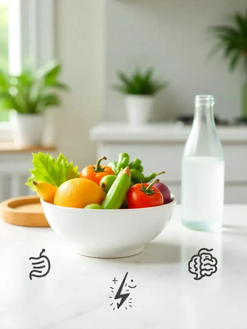 Simple detox benefits shown with fruits, water, and icons for digestion, skin, energy, and focus.

