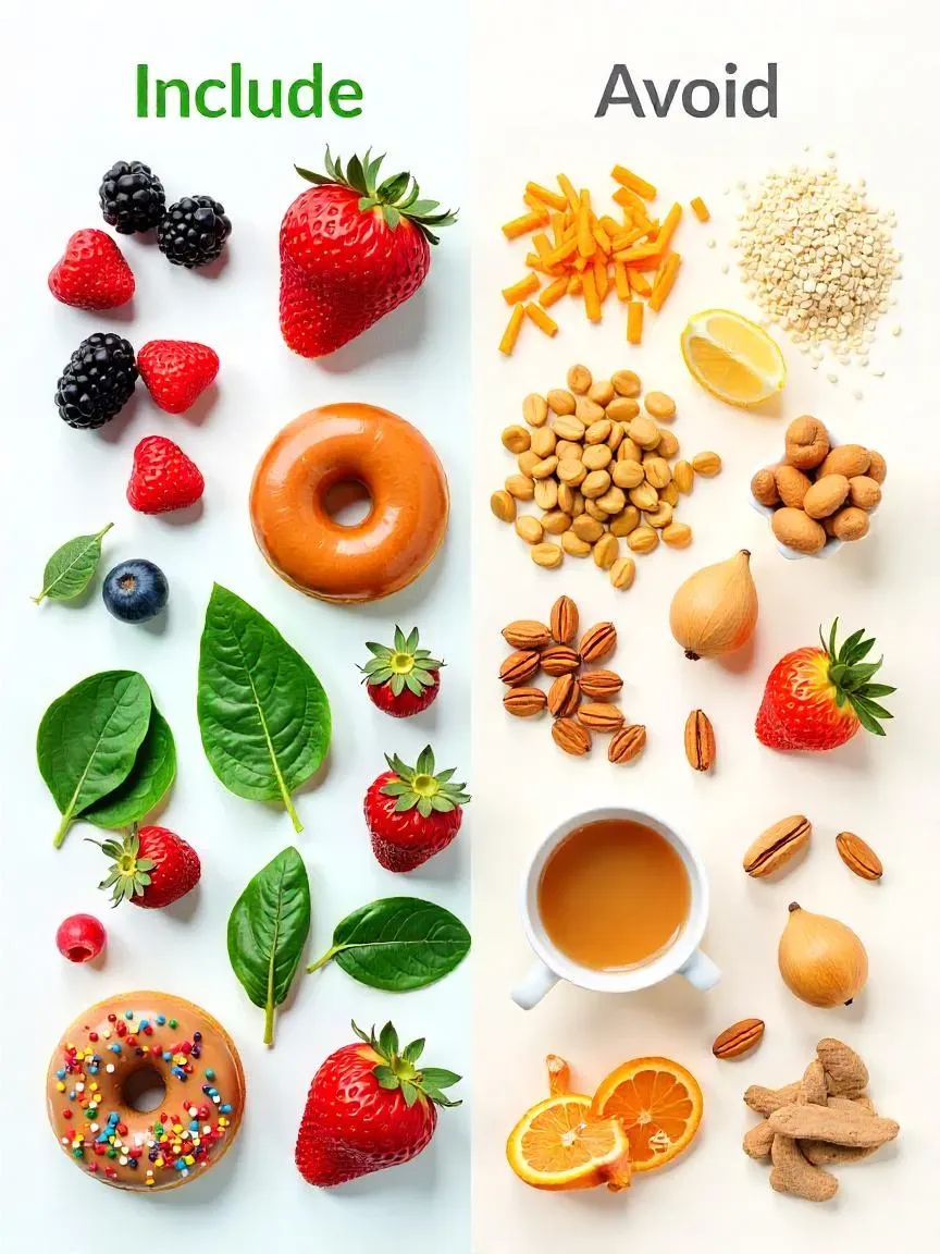 Detox foods to include (fruits, vegetables, grains, nuts) and avoid (sweets, soda, processed foods) shown side by side with labels.

