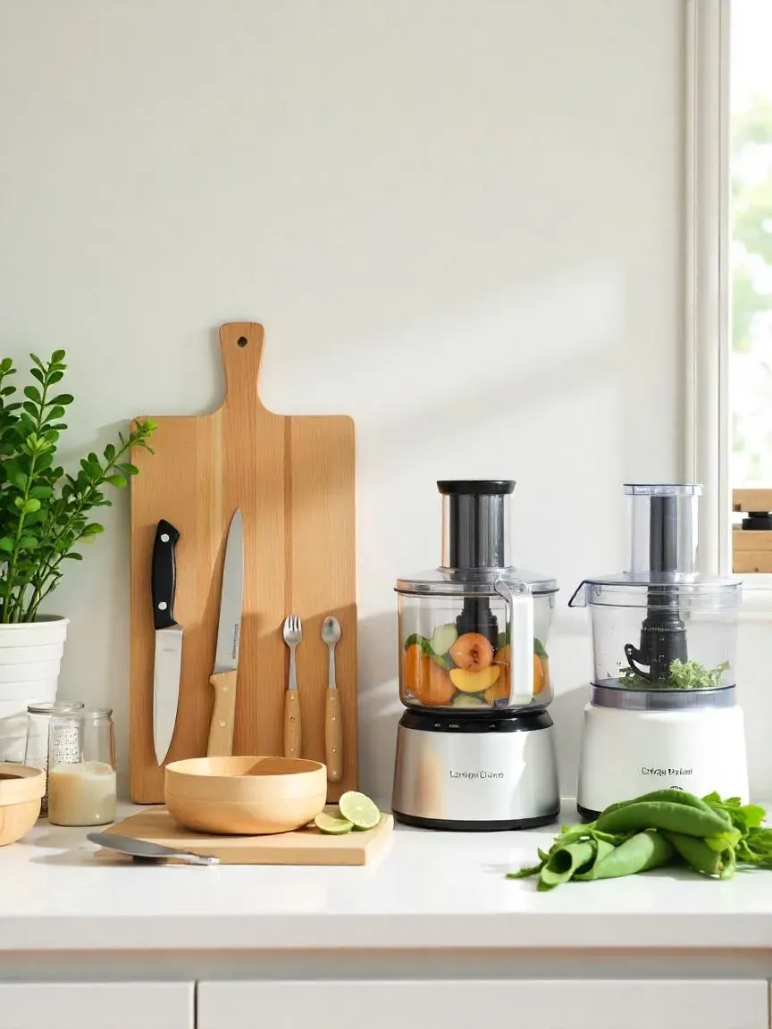 Kitchen tools for detox prep: blender, food processor, knives, cutting board, containers, measuring tools, steamer, and juicer.

