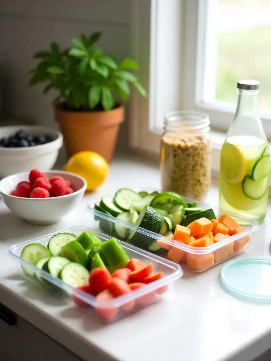 Detox meal prep with chopped vegetables, fruits, grains, nuts, and infused water in clear containers on a kitchen counter.

