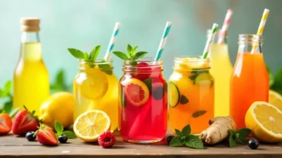A colorful assortment of detox drinks including lemon-ginger water, cucumber-mint infusion, berry citrus blend, and vibrant green and purple smoothies, served in clear glasses with fresh fruits and herbs as garnishes.