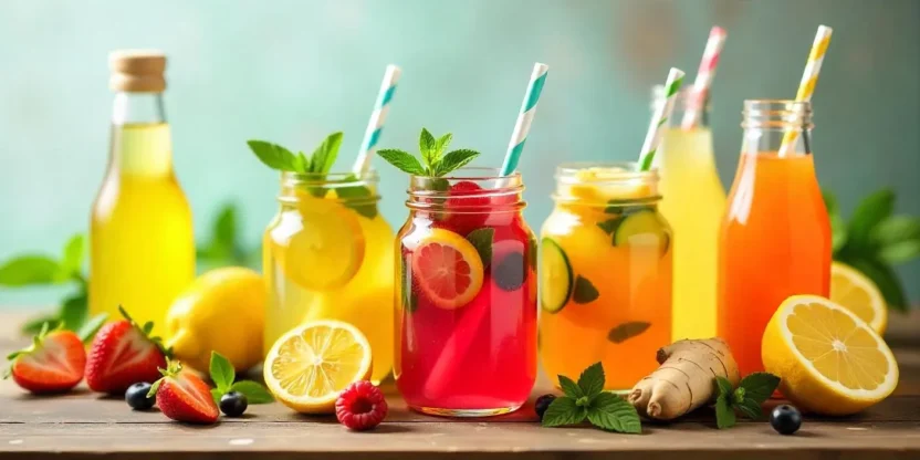 A colorful assortment of detox drinks including lemon-ginger water, cucumber-mint infusion, berry citrus blend, and vibrant green and purple smoothies, served in clear glasses with fresh fruits and herbs as garnishes.