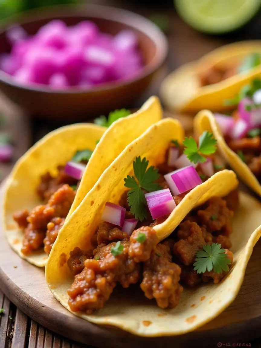 Diced red onions in a bowl and sprinkled over tacos, adding color and crunch to the filling.

