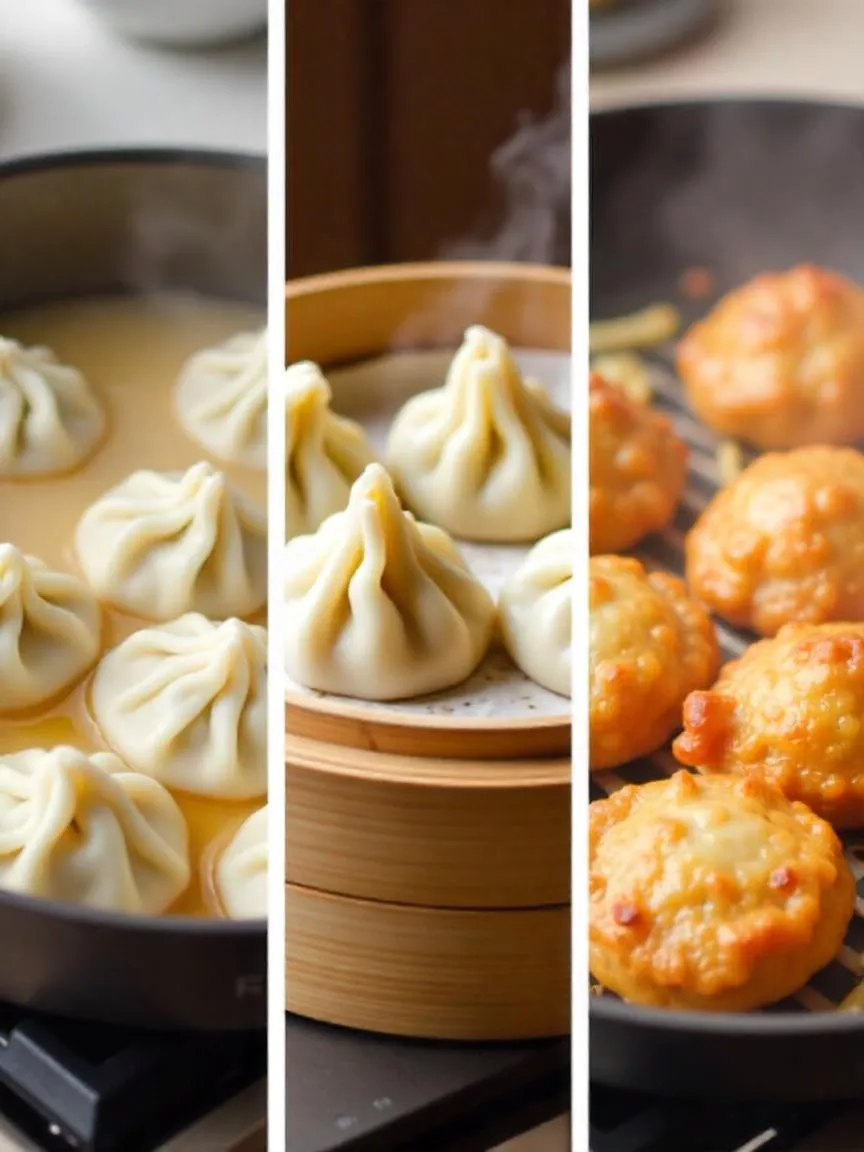 Dumplings shown being boiled, steamed, and pan-fried in separate cooking setups.