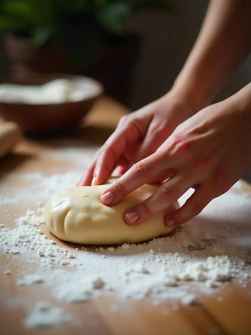 Hands preparing dumpling dough on a floured surface with a rolling pin nearby.