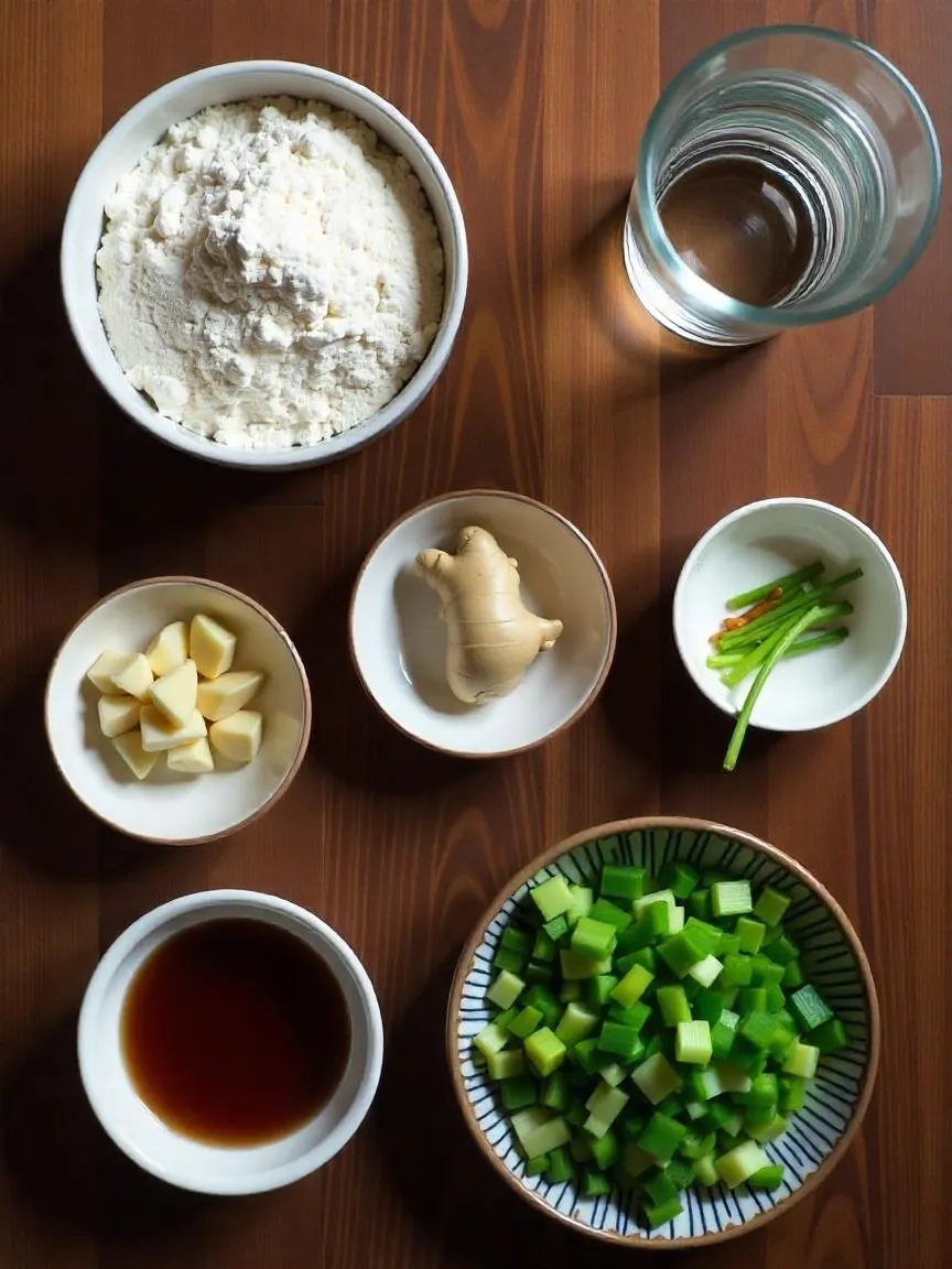 Flat lay of ingredients used for making homemade dumplings, including flour, ginger, garlic, and seasonings.