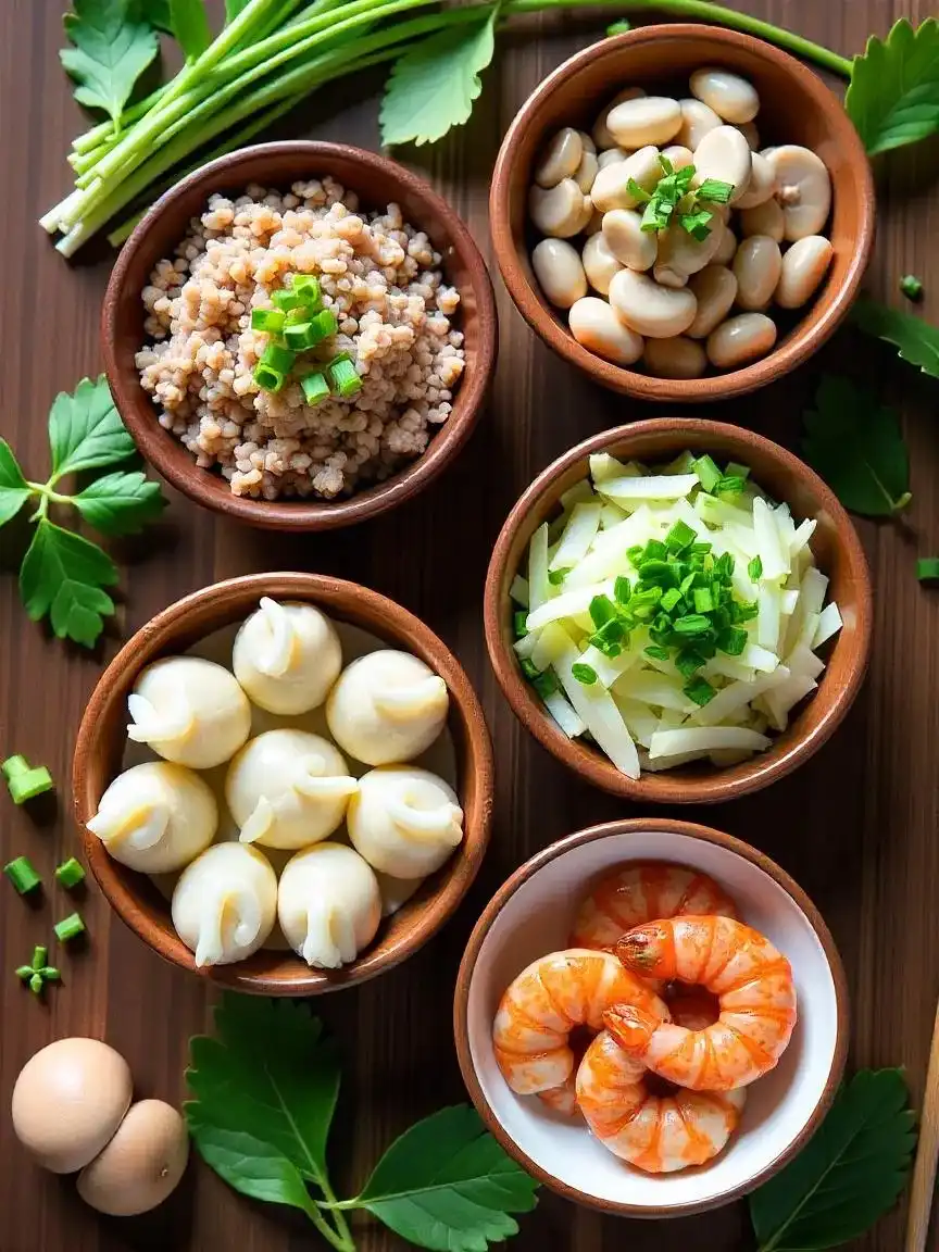 Variety of dumpling fillings, including minced meat, cabbage, and herbs, displayed in small bowls on a rustic surface.