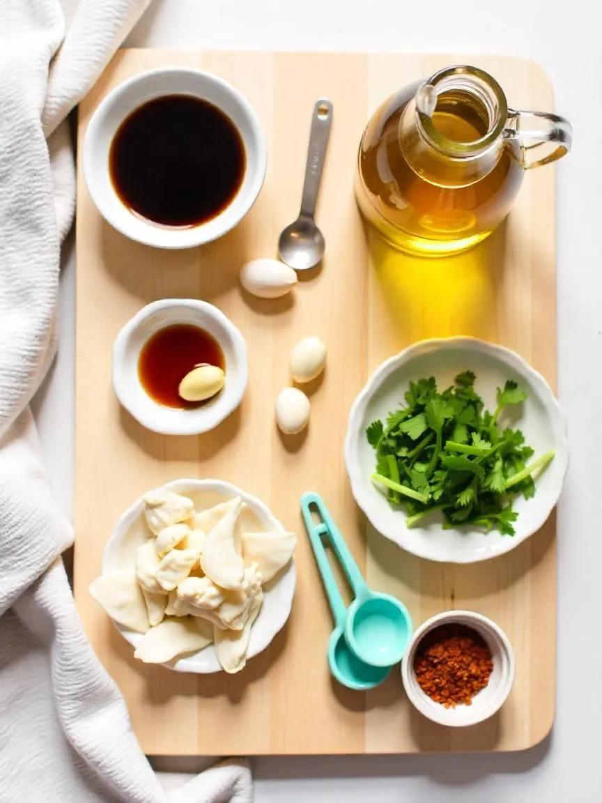Assortment of dumpling seasonings and flavor boosters, including soy sauce, vinegar, garlic, and chili oil, arranged on a wooden table.