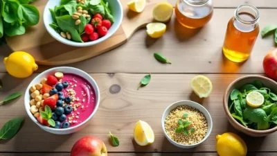 Colorful 3-day detox meals with smoothies, salads, soups, infused water, and fresh fruits and vegetables on a kitchen table.