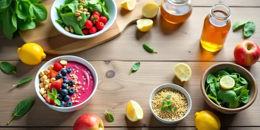 Colorful 3-day detox meals with smoothies, salads, soups, infused water, and fresh fruits and vegetables on a kitchen table.