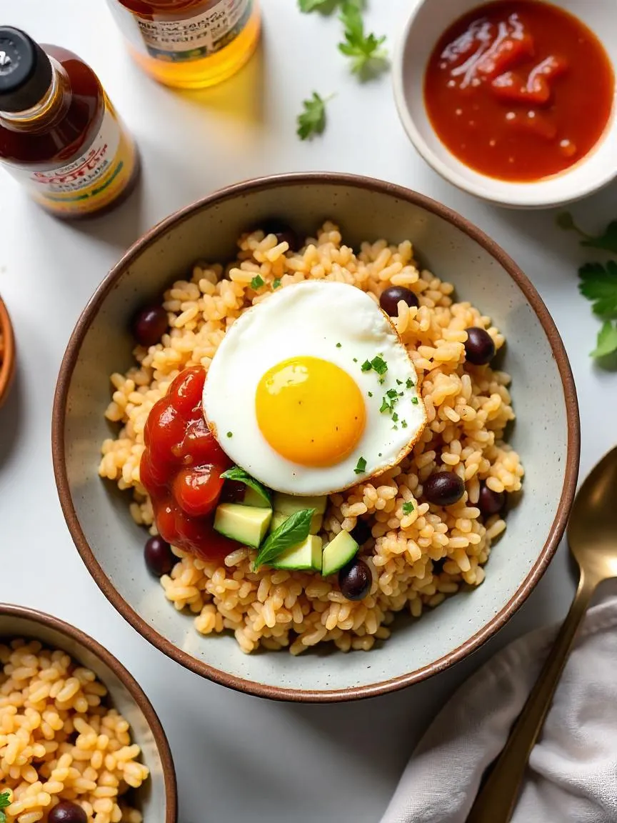 Bowl of rice topped with beans, salsa, and a fried egg surrounded by basic pantry sauces and canned vegetables on a kitchen counter