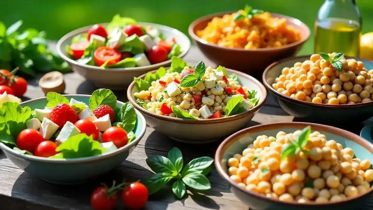 Colorful summer salads with greens, fruits, pasta, and grains arranged on a wooden table in bright natural light.