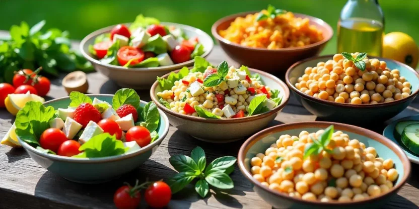Colorful summer salads with greens, fruits, pasta, and grains arranged on a wooden table in bright natural light.
