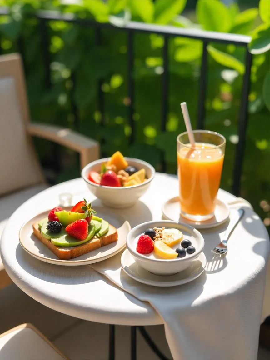 A cozy balcony brunch table with avocado toast, yogurt with berries, a tropical smoothie bowl, and iced coffee under soft summer sunlight.