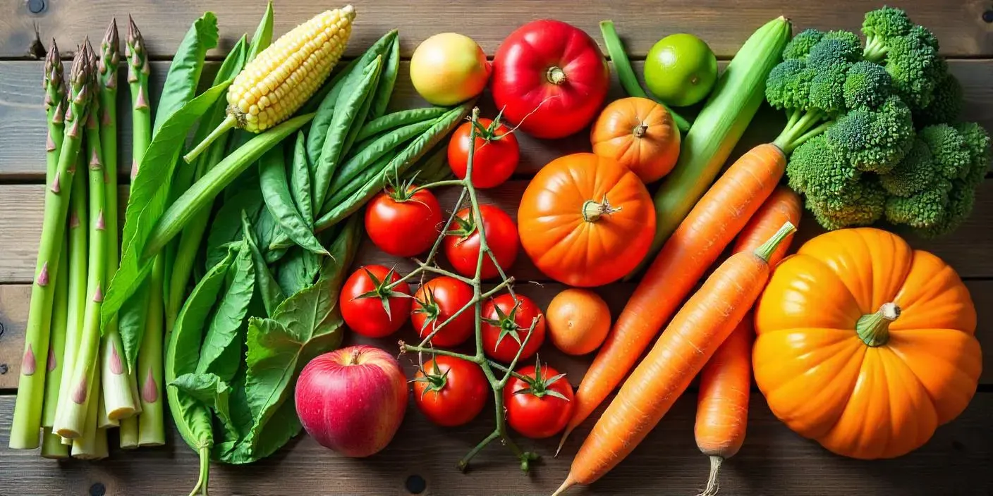 Colorful seasonal produce from spring, summer, autumn, and winter arranged on a kitchen table.