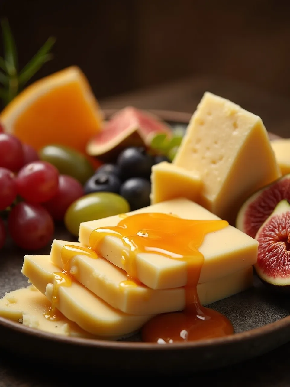 Elegant Havarti cheese board with thinly sliced cheese, fresh grapes, figs, and a honey dip, styled on a wooden serving tray for a gourmet restaurant presentation.