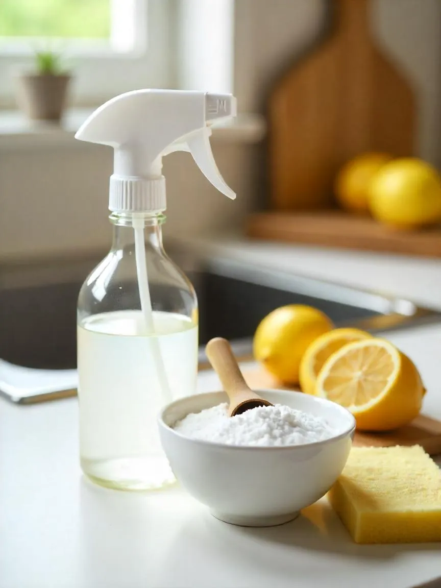 Natural kitchen cleaning setup with vinegar spray, baking soda, lemons, and eco-friendly tools on a clean counter.