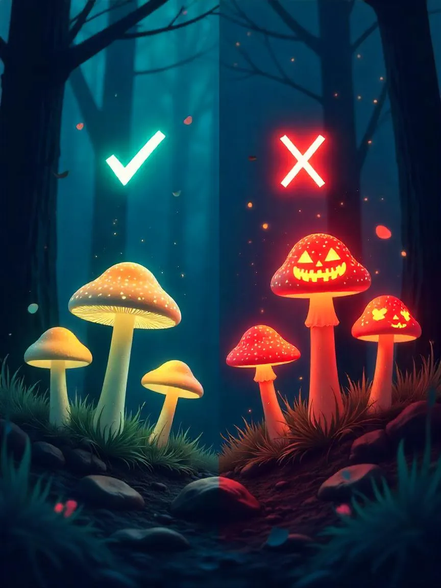 Illustration comparing edible and toxic glowing mushrooms in nature.