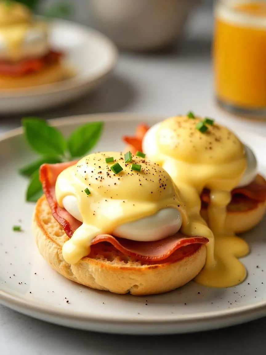 Eggs Benedict with toasted English muffins, Canadian bacon, poached eggs, hollandaise sauce, chives, and black pepper.

