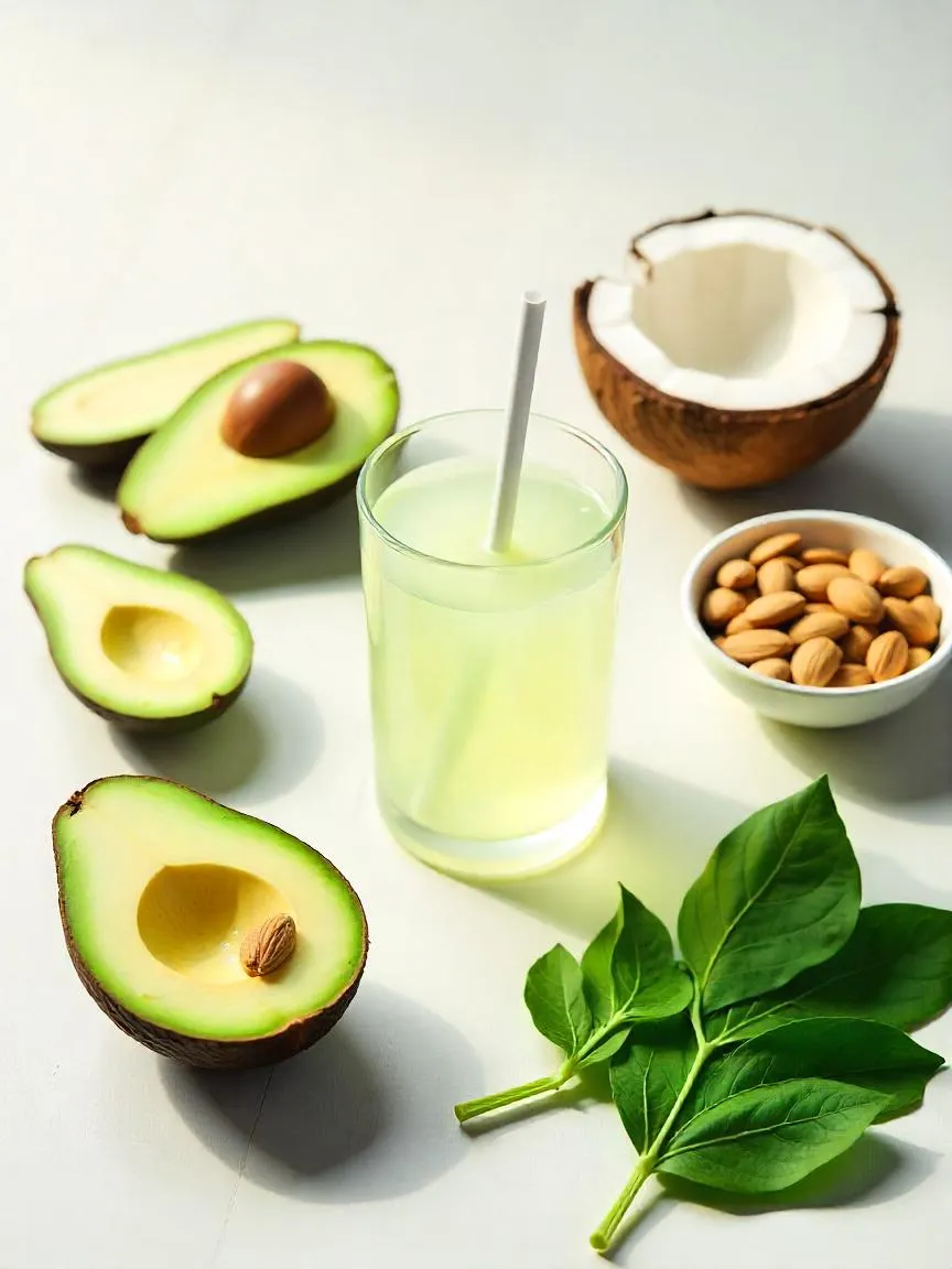 Foods rich in natural electrolytes like avocado, coconut water, almonds, pumpkin seeds, and leafy greens displayed to support skin hydration and glow. 