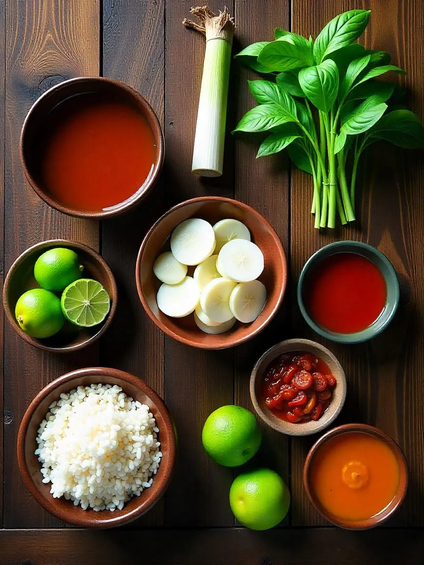 Essential Thai cooking ingredients including fish sauce, coconut milk, lemongrass, kaffir lime leaves, galangal, Thai basil, chilies, palm sugar, and limes.

