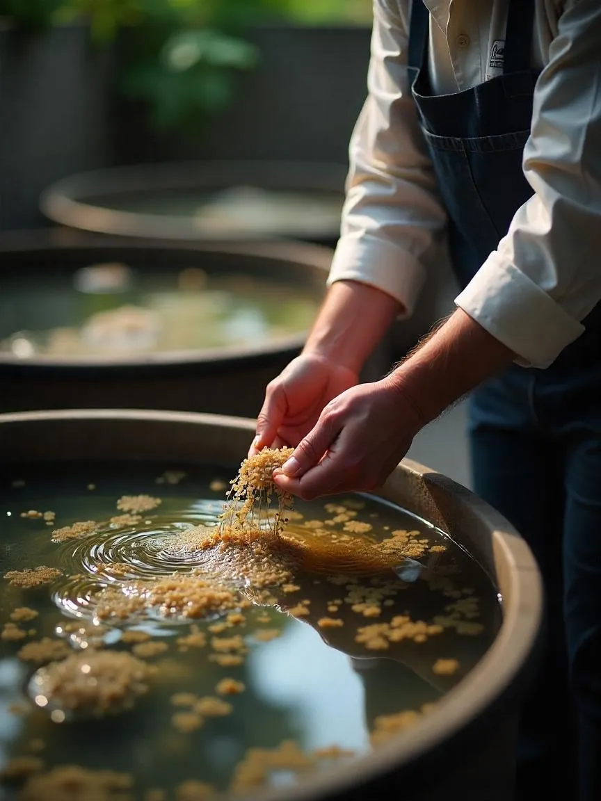 Ethical Beluga caviar farm using no-kill harvesting methods with eco-certification symbols.