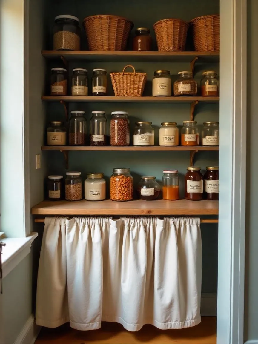 A cozy cottagecore pantry with glass jars of dried goods, homemade jams, and herbs on wooden shelves, softly lit with a warm, rustic charm.