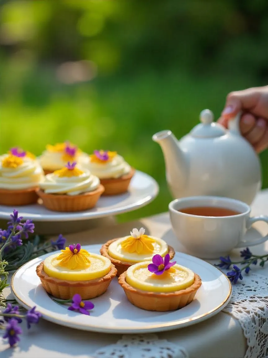 Garden dessert table with floral lemon tarts, honey cakes, and herbal tea, styled with cottagecore whimsy and fairytale charm.