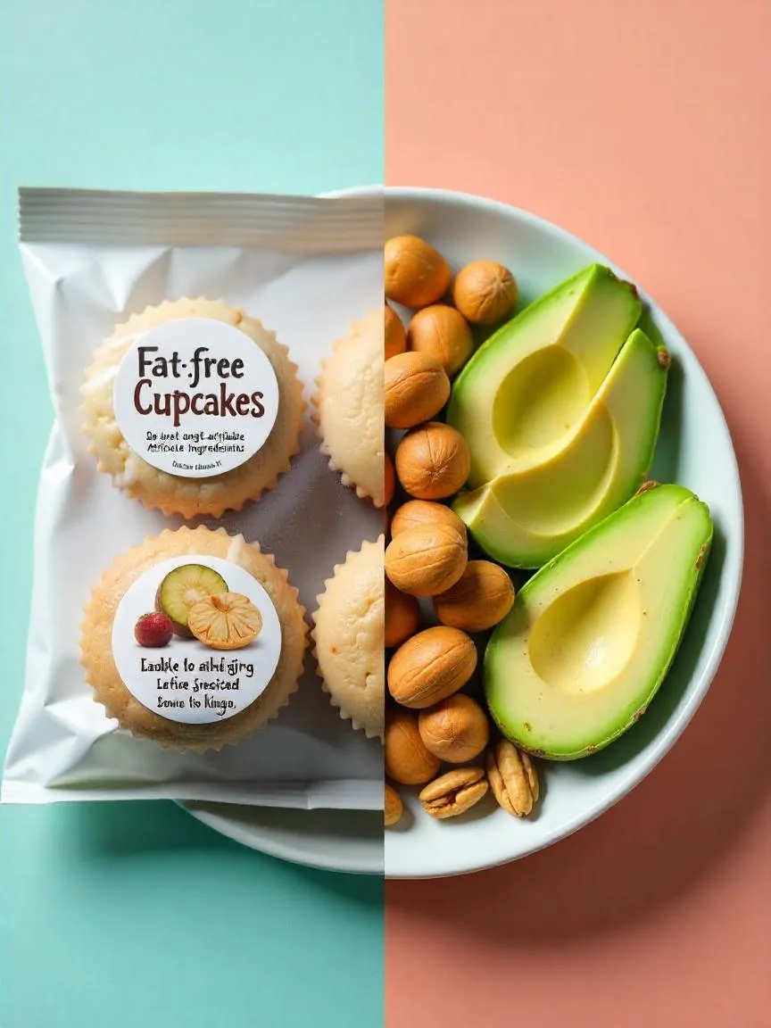 Side-by-side comparison of fat-free packaged cupcakes and whole foods like avocado and nuts, illustrating that fat-free isn't always the healthier option.