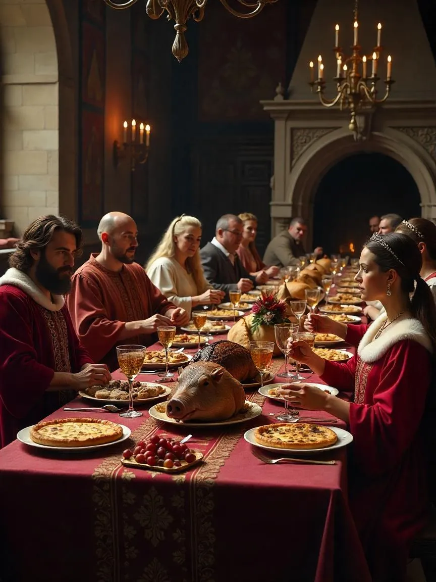 Photorealistic image of a medieval royal banquet with lavish meats, fine bread, and nobles dining in a richly decorated hall.