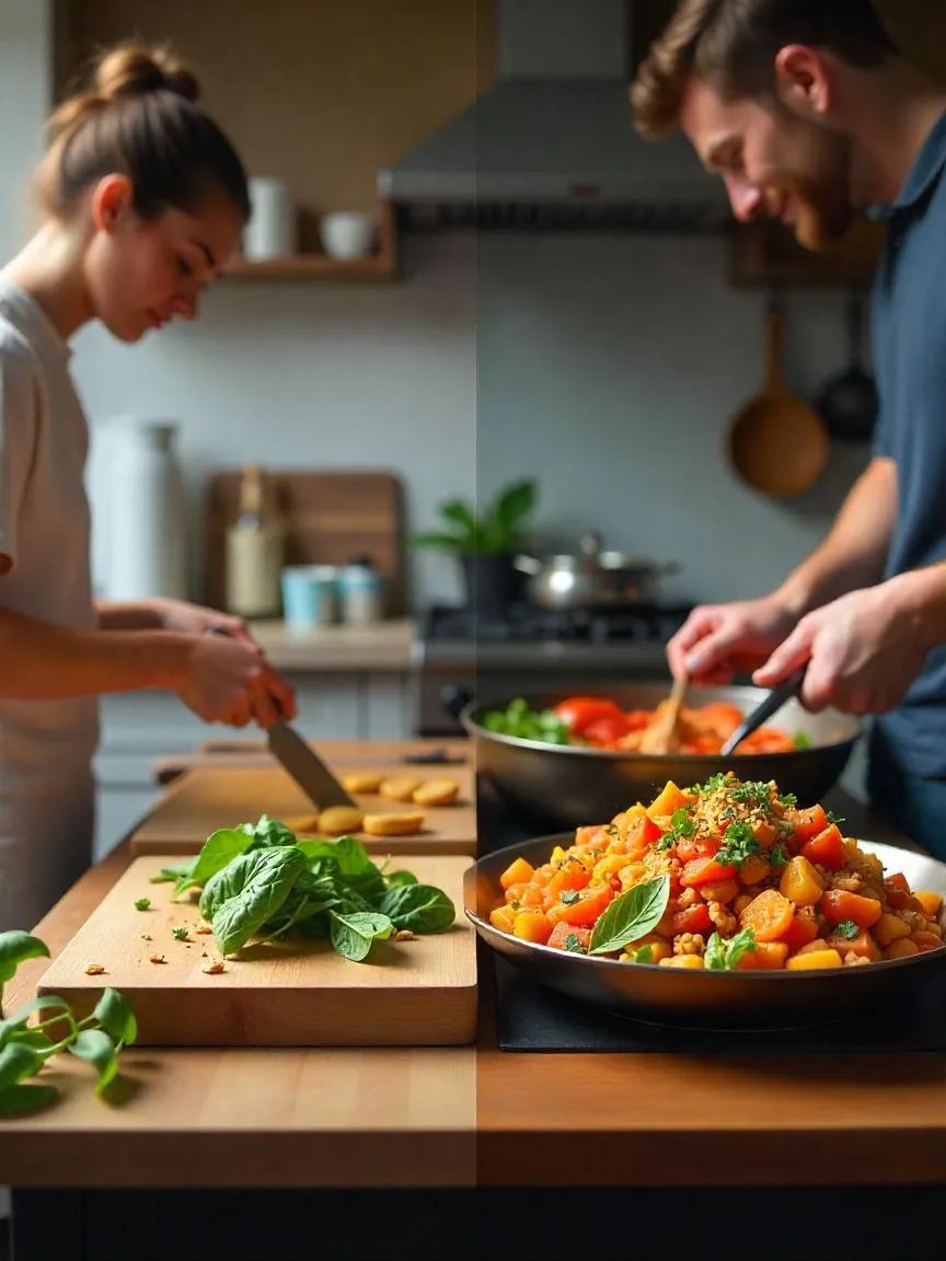 Side-by-side kitchen scenes showing a precise 3-ingredient recipe setup versus a relaxed multi-ingredient dish, challenging the myth that fewer ingredients mean easier cooking.