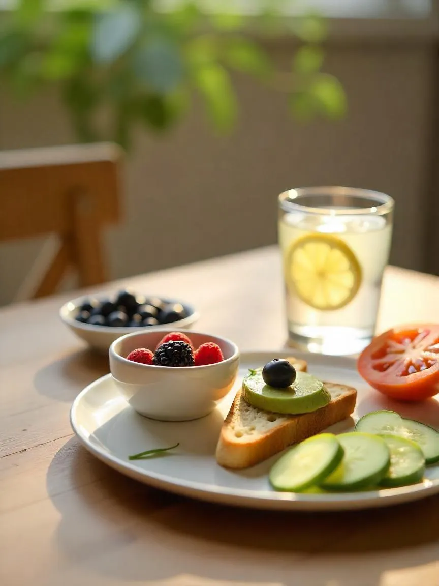 A healthy meal setup with skin-friendly foods like berries, avocado toast, cucumber slices, and lemon water, styled in soft natural light for a fresh, nourishing feel. 