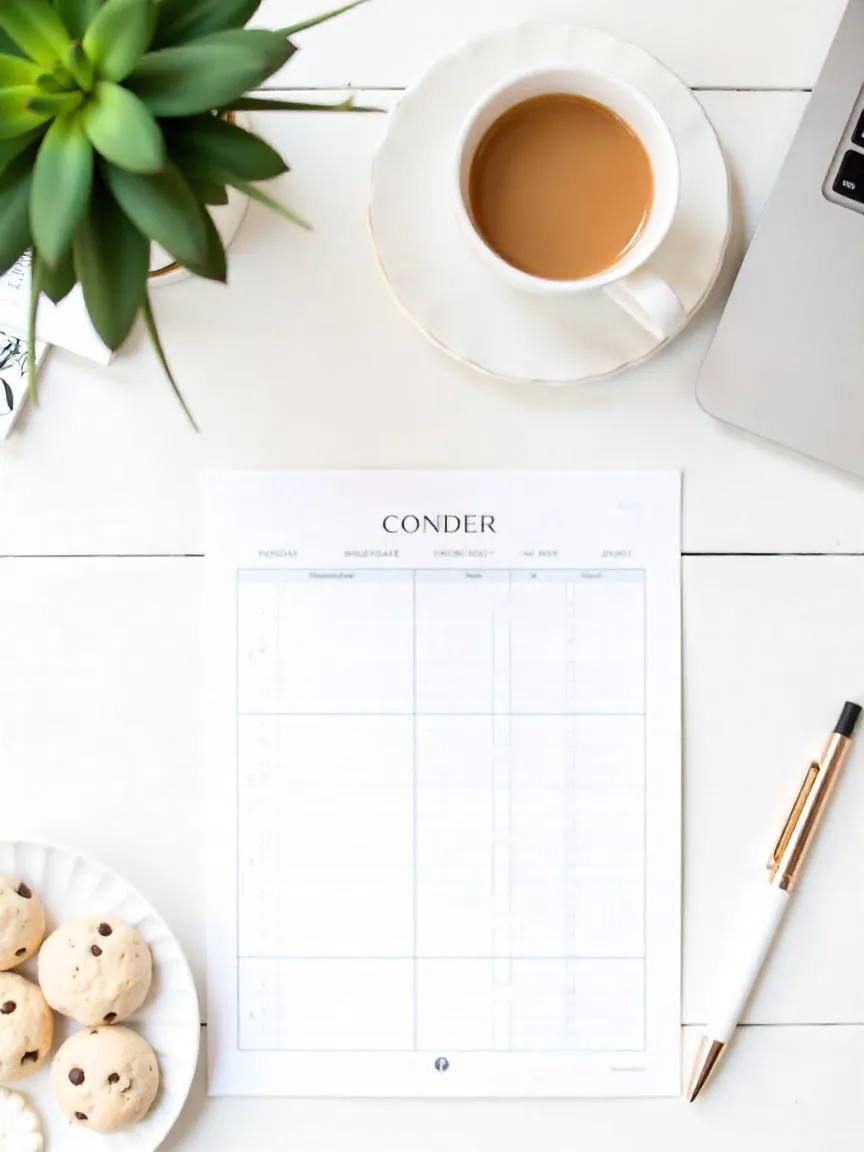 Overhead view of a blog content calendar with scheduled posts, a laptop, and coffee on a clean desk with light food elements.