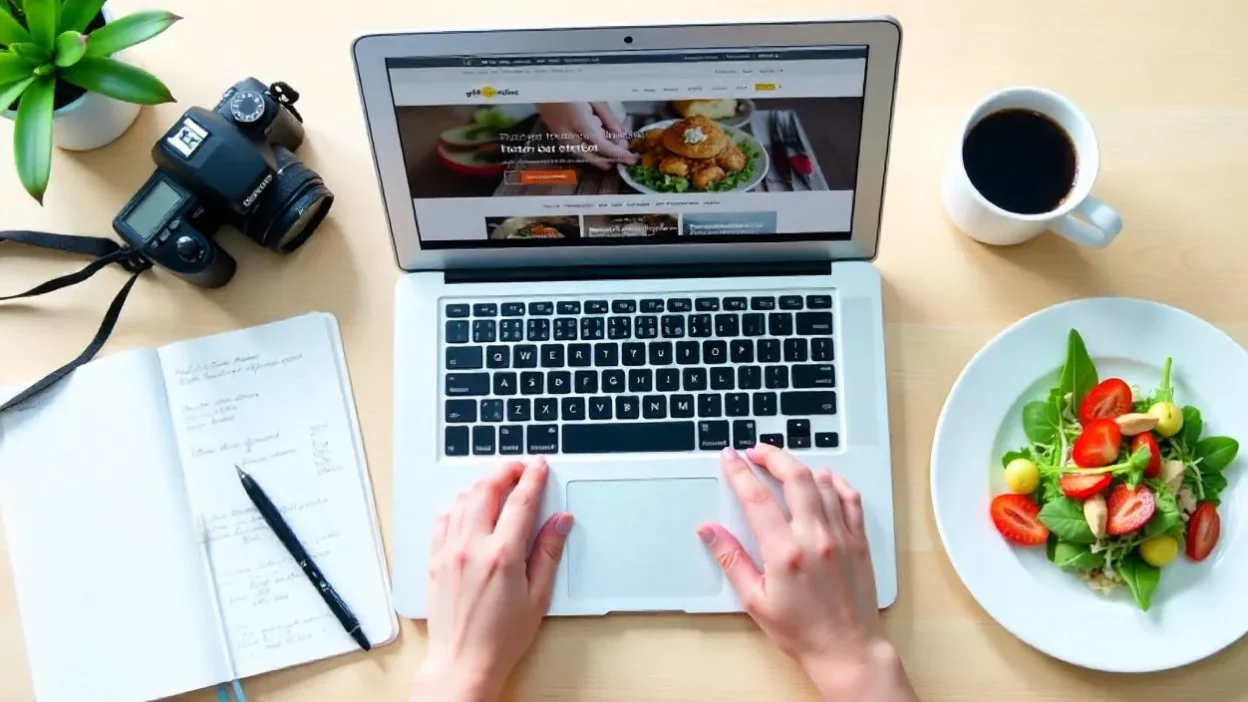 Top view of a food blogger’s workspace with a laptop, recipe notes, camera, and a plate of styled food on a clean surface.
