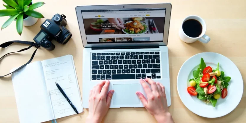 Top view of a food blogger’s workspace with a laptop, recipe notes, camera, and a plate of styled food on a clean surface.