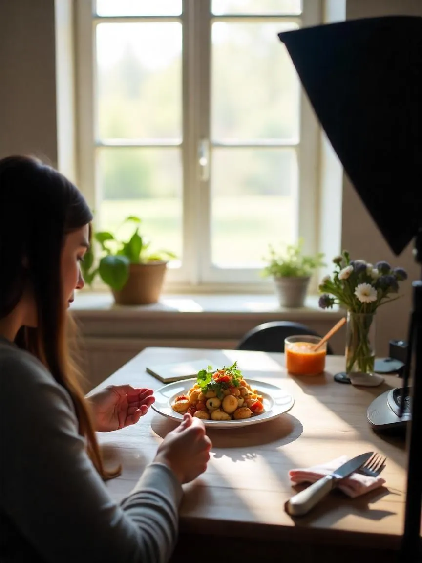 Food photography setup with plated dish, camera, tripod, reflectors, and props near a window.

