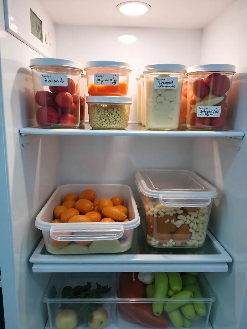 Clean fridge with labeled leftovers and a thermometer showing 4°C, highlighting food safety and spoiled food awareness. 
