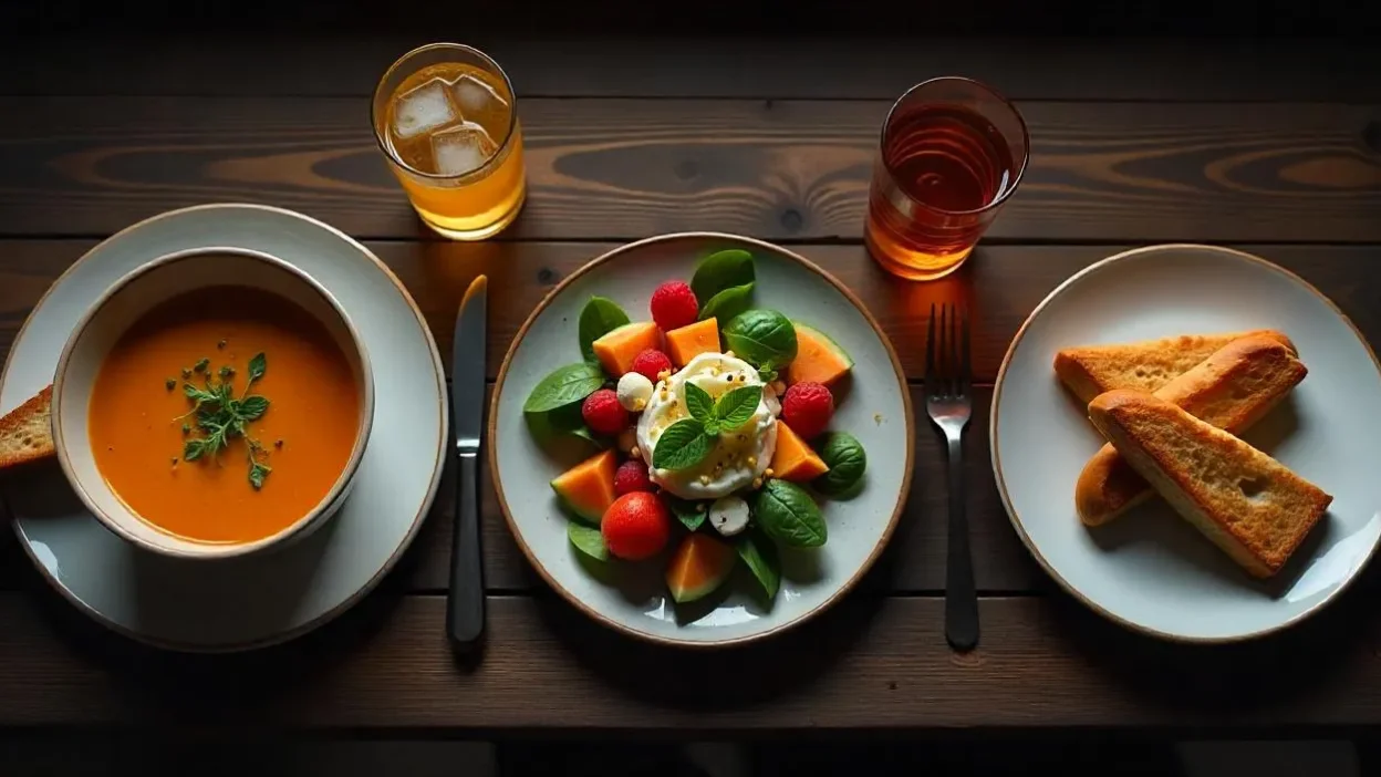 Flat-lay of three different meal settings: a warm soup for sadness, a colorful salad for happiness, and a romantic dinner for love, styled on a wooden table.