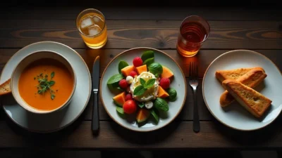 Flat-lay of three different meal settings: a warm soup for sadness, a colorful salad for happiness, and a romantic dinner for love, styled on a wooden table.