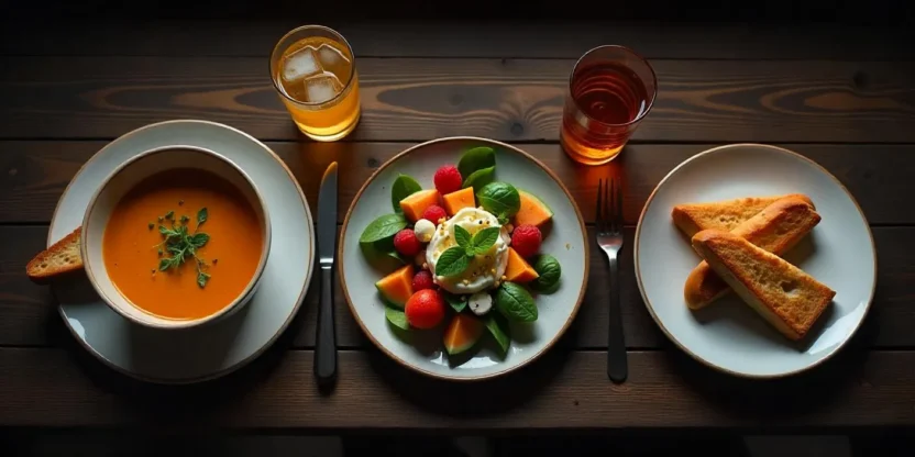 Flat-lay of three different meal settings: a warm soup for sadness, a colorful salad for happiness, and a romantic dinner for love, styled on a wooden table.