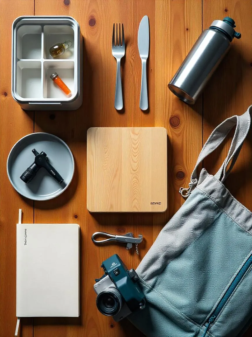 Foodie travel essentials: food container, cutlery, cutting board, spice kit, corkscrew, journal, camera, tote bag, and water bottle.

