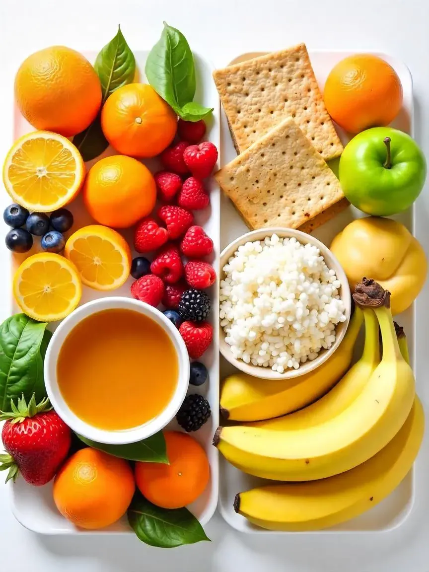 Foods for cold and flu recovery (chicken soup, citrus, honey) and digestive issues (bananas, rice, applesauce, toast).

